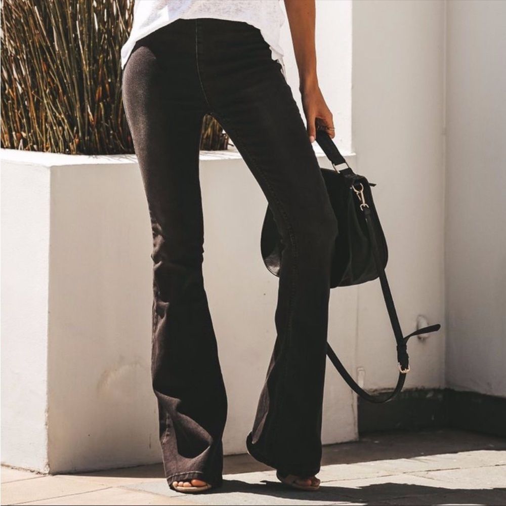 Black Vintage Washed Pull On Bell Bottom Flare Jeans with Raw Frayed Hem - Picture 3 of 5